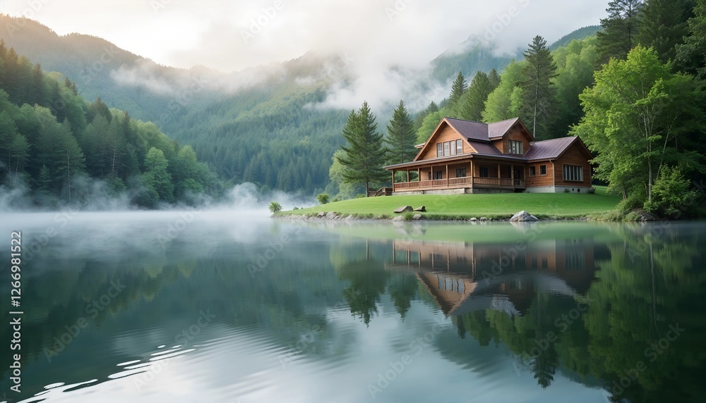 Fototapeta premium Charming wooden cabin by a tranquil lake reflecting mountains and trees in the morning mist