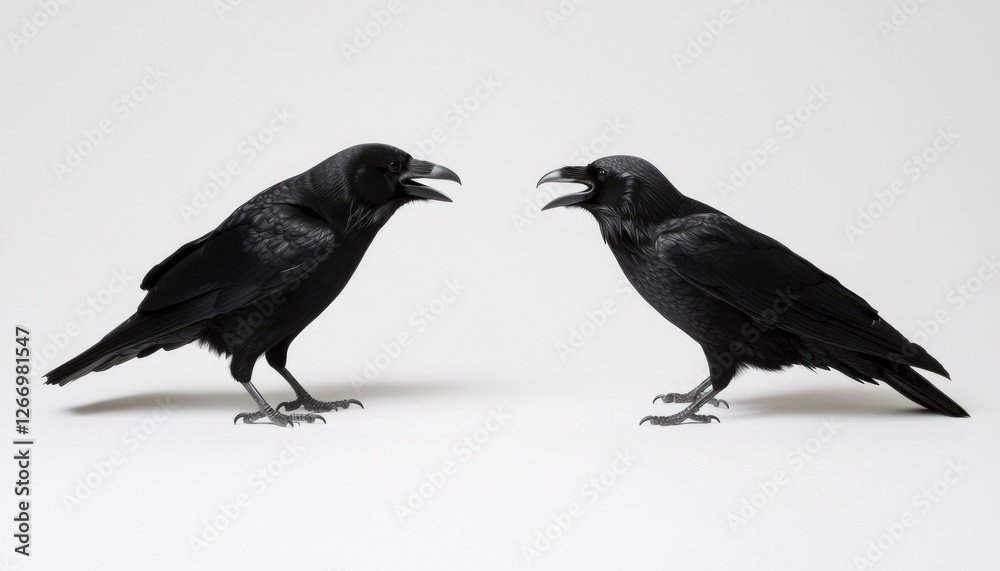 Obraz premium Two ravens confronting each other in plain white studio background