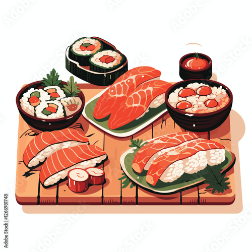 food, asian, restaurant, japanese, meal, delicious, sushi, cuisine, chinese, fresh, japan, rice, japanese food, japanese cuisine, smile, tasty, woman, illustration, man, gourmet, art, background, tabl