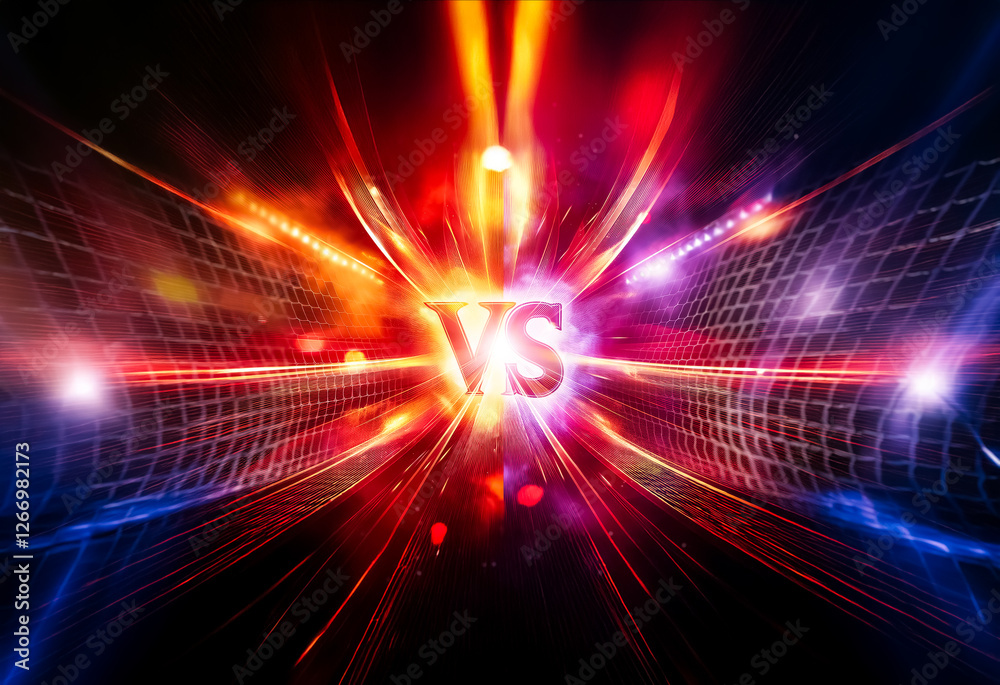 Fototapeta premium Dynamic background with bright red and blue light streaks converging on a central 