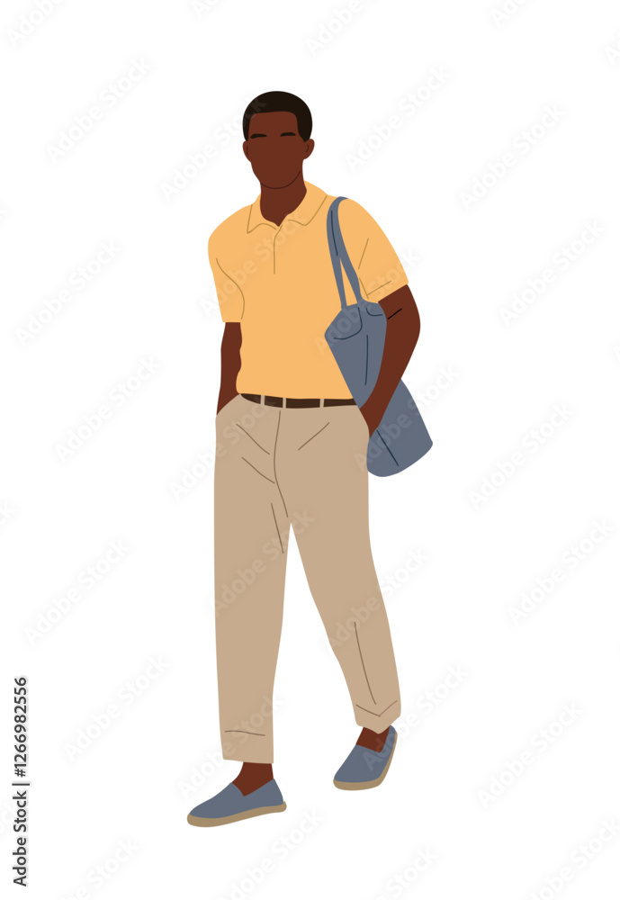 Stylish black man wearing smart casual outfit walking. Handsome african american male character in street fashion summer clothes. Vector realistic people illustration isolated Stylish black man wearing smart casual outfit walking. Handsome african american male character in street fashion summer clothes. Vector realistic people illustration isolated