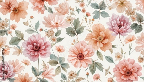 Wallpaper Mural Floral pattern with vibrant pink and orange flowers on light background Torontodigital.ca