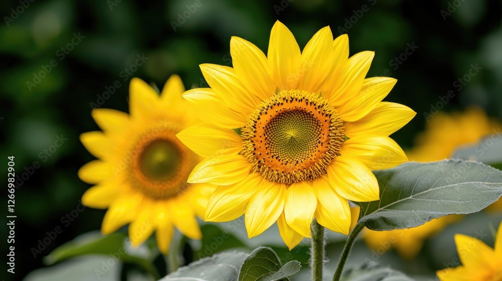 Fototapeta premium Two bright sunflowers in a garden