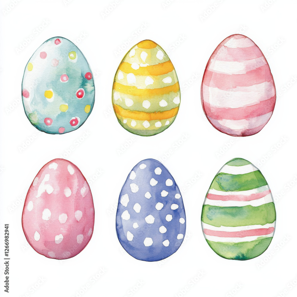Clear pastel, clear watercolor, Easter eggs, eggs with polka dots or stripes or plaid decorative patterns, watercolor, watercolor strokes, pen pastel, white background, clip art, Clear pastel, clear watercolor, Easter eggs, eggs with polka dots or stripes or plaid decorative patterns, watercolor, watercolor strokes, pen pastel, white background, clip art,