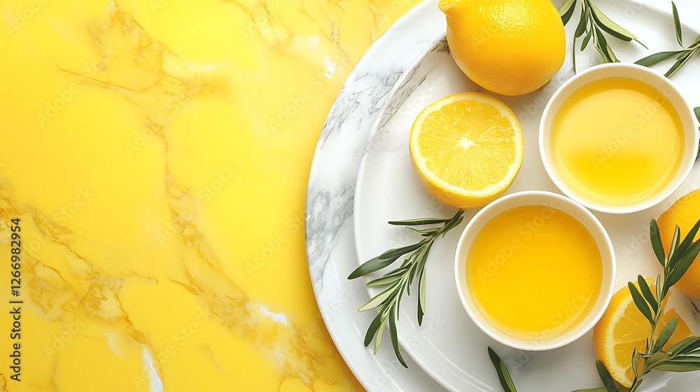 Lemons rosemary and oil on marble plates Lemons rosemary and oil on marble plates