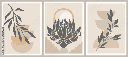 Set of Boho aesthetic abstract botanical wall arts. Trendy posters for Scandinavian, japandi interior design in neutral pastel colors. Bohemian collage prints. Mid Century Modern Vector illustrations.