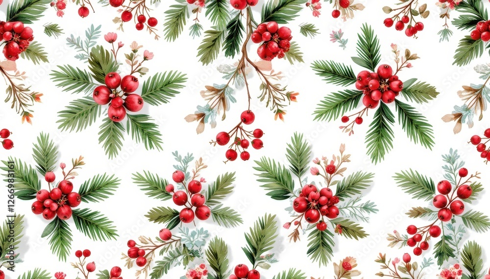 Festive red berries and green foliage seamless pattern with winter botanicals Festive red berries and green foliage seamless pattern with winter botanicals