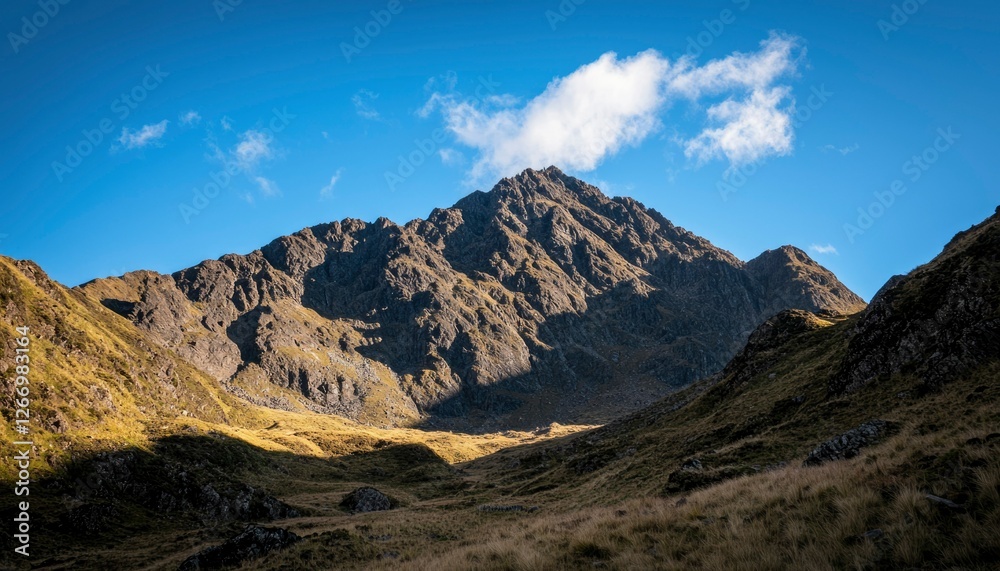 Sunlight on rugged mountaintop with grassy valley under clear blue sky Sunlight on rugged mountaintop with grassy valley under clear blue sky