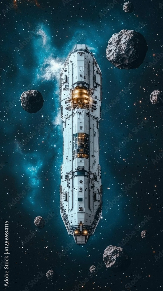 Fototapeta premium Futuristic Spaceship Soaring Through Asteroid Field in Deep Space