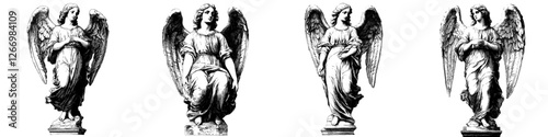 Angel statue engraving black ink sketch in dotwork vector illustration