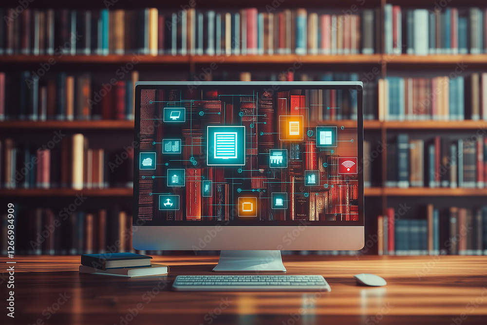 Concept of an e library with virtual icons computer Concept of an e library with virtual icons computer