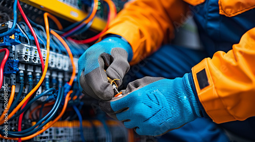 Electrician at Work:  A close-up shot of an electrician's hands working on a complex electrical panel, demonstrating precision and expertise in their craft.