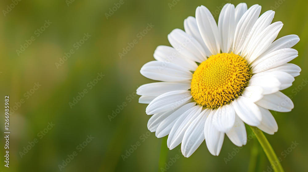 Closeup of single daisy with white petals and yellow center, radiating beauty Closeup of single daisy with white petals and yellow center, radiating beauty