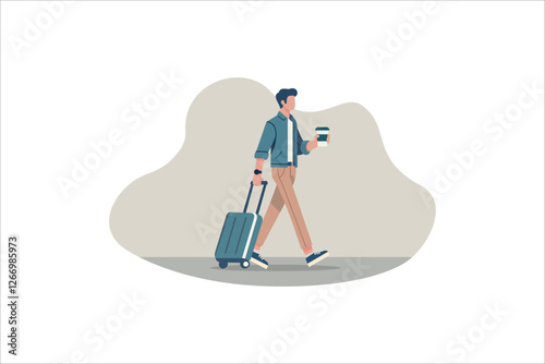 Illustration of a person walking while pulling a suitcase. The person is holding a coffee cup in one hand. Vector illustration.