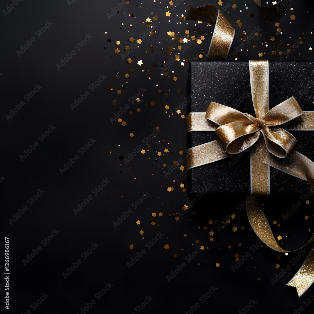 A black box with gold ribbon on top of a black background A black box with gold ribbon on top of a black background