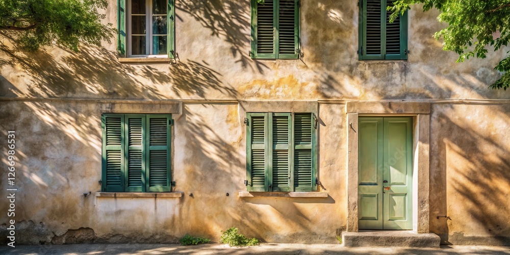 Sun-Dappled Old Building with Green Shutters and Door Sun-Dappled Old Building with Green Shutters and Door
