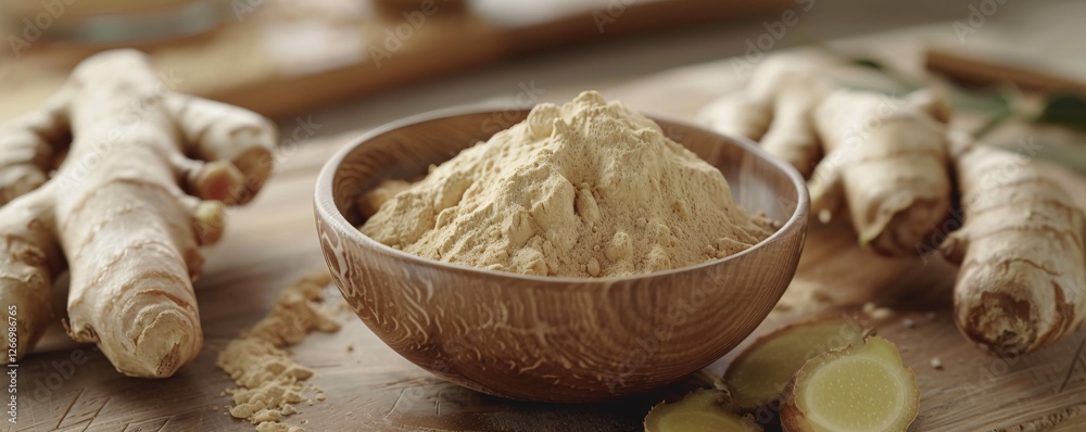 Fototapeta premium A bowl of powdered ginger is on a wooden table
