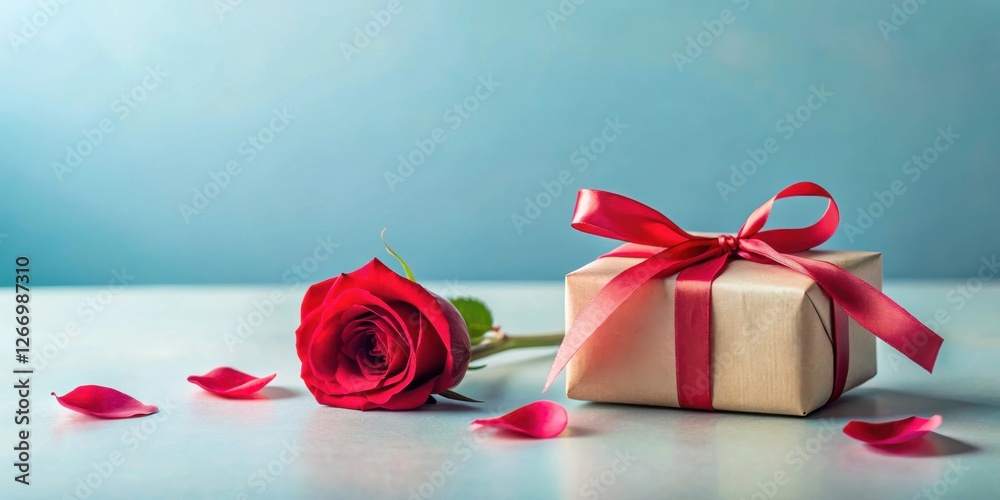 A romantic gift presentation featuring a single red rose and a beautifully wrapped present with a crimson ribbon. A romantic gift presentation featuring a single red rose and a beautifully wrapped present with a crimson ribbon.