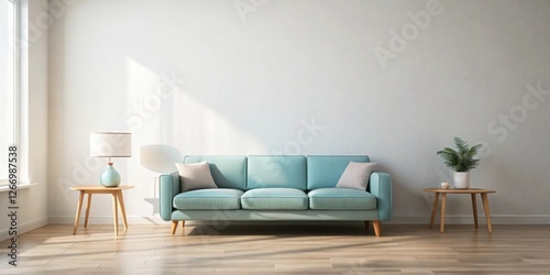 Serene Living Room Interior Design with Light Blue Sofa and Natural Wood Accents