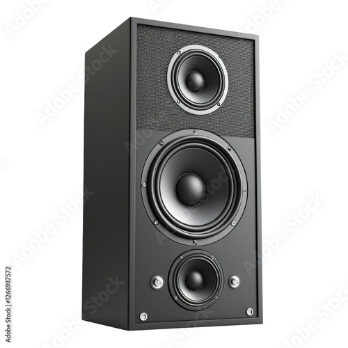 High quality black speaker with three drivers, designed for clear sound and deep bass. Ideal for music lovers and home audio systems