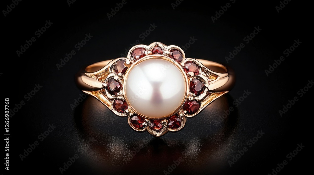 Obraz premium Elegant Antique Ring with Pearl Surrounded by Garnets on Dark Background