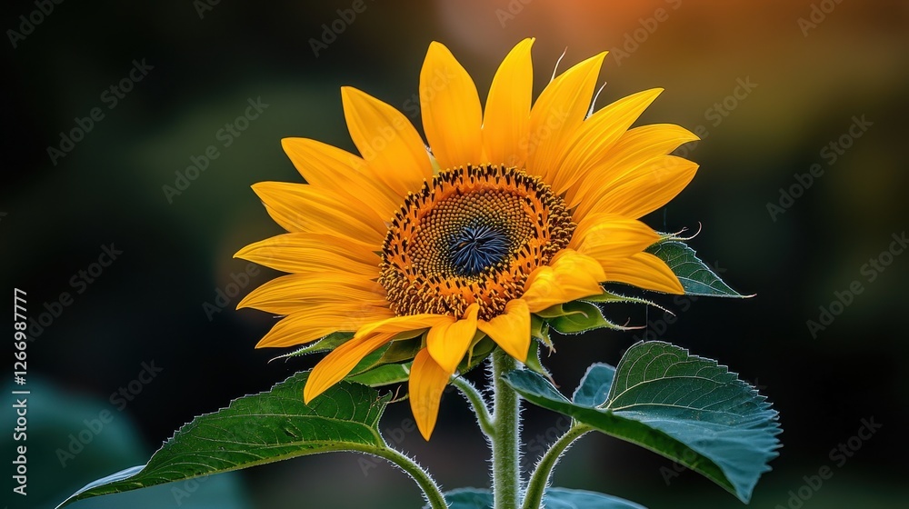 Fototapeta premium Vibrant Yellow Sunflower Blooming in Natural Light with Green Leaves Against a Blurred Background