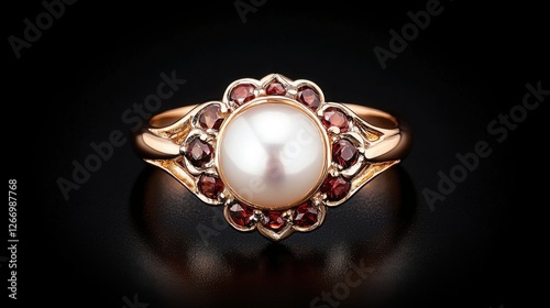 Elegant Antique Ring with Pearl Surrounded by Garnets on Dark Background