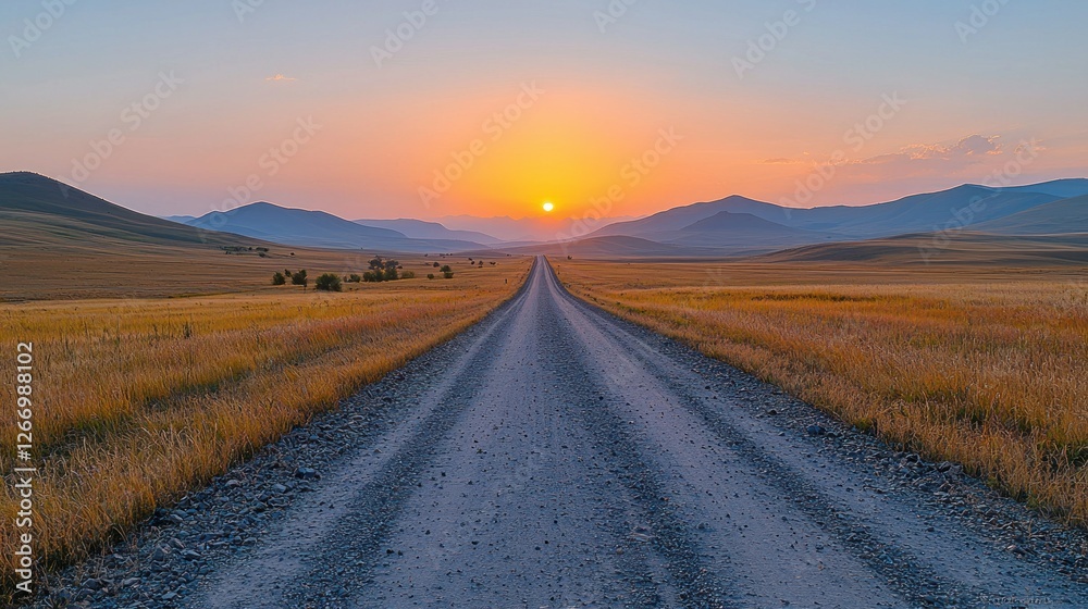 Naklejka premium Sunrise on an empty dirt road through vast landscape. Travel use, freedom concept