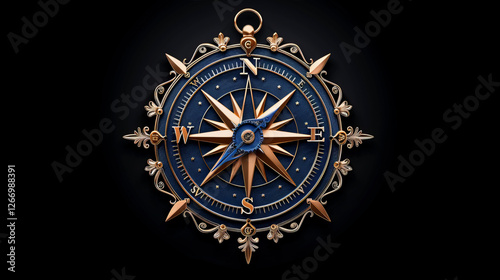 Nautical Compass with Gold Accents:  A classic compass with a blue face and gold accents, rendered in a 3D style against a black background. photo