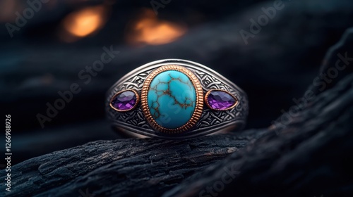 Elegant Turquoise and Amethyst Gemstone Ring with Intricate Design