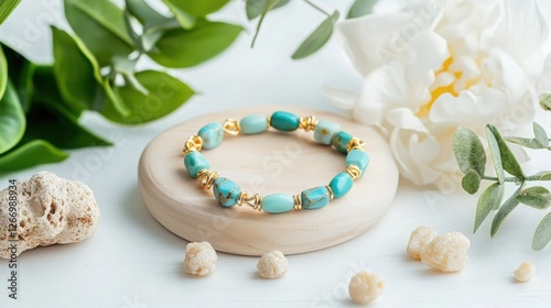 Vibrant Turquoise and Jade Bracelet with Golden Accents on Wooden Stand