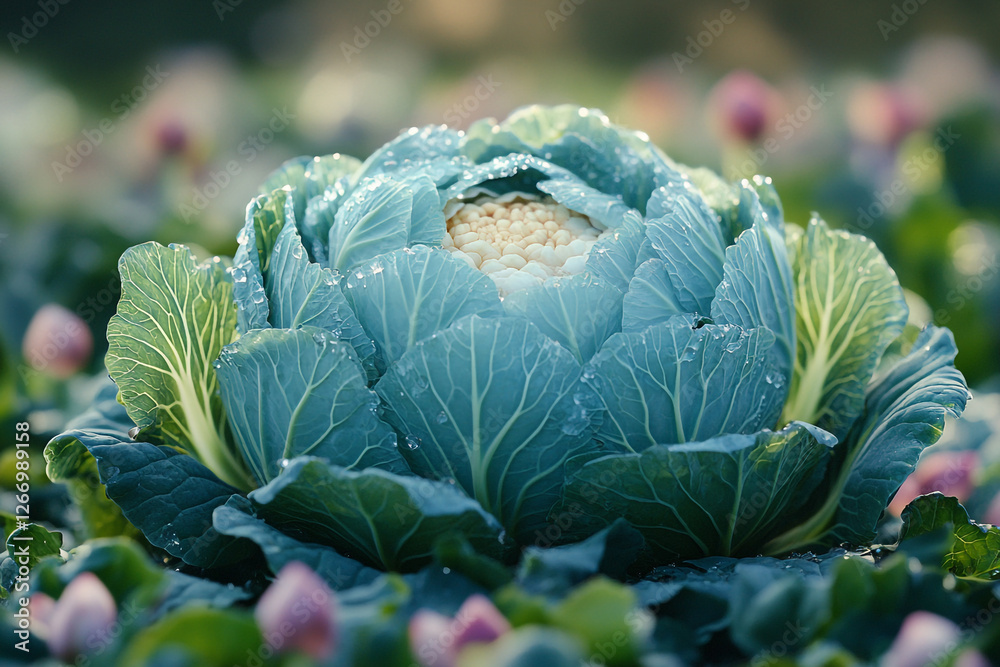 Obraz premium Dewy Cauliflower Head in a Lush Green Garden