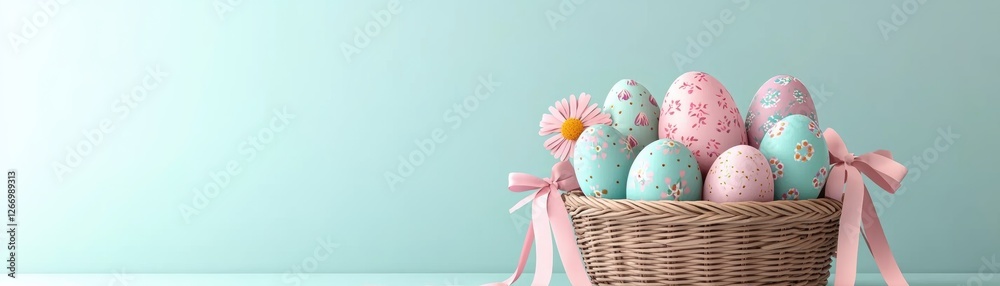 Fototapeta premium A pastel-colored basket filled with decorative Easter eggs, surrounded by a light blue background and adorned with a pink ribbon.