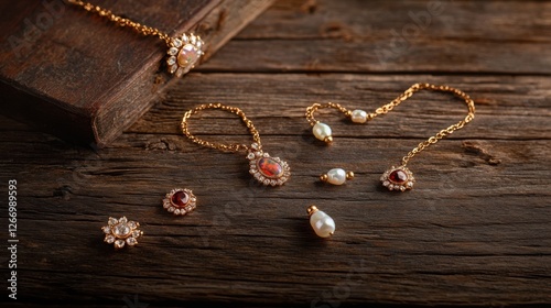 Vintage Gemstone Jewelry Set with Opals and Garnets on Rustic Wood