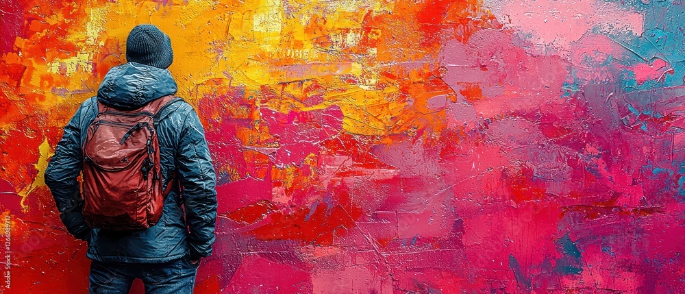 Fototapeta premium Man Contemplating Abstract Art: A Vivid Urban Scene