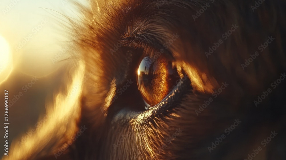 Dog looks at sun on the horizon, dreaming. Pet ad, golden fur, detail Dog looks at sun on the horizon, dreaming. Pet ad, golden fur, detail
