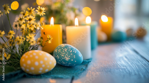 Elegant table centerpiece featuring candles, flowers, and painted eggs for a festive spring celebration