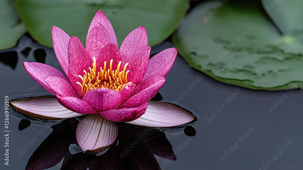 Vibrant Pink Water Lily Blooming in Tranquil Pond, Surrounded by Lush Green Leaves Vibrant Pink Water Lily Blooming in Tranquil Pond, Surrounded by Lush Green Leaves