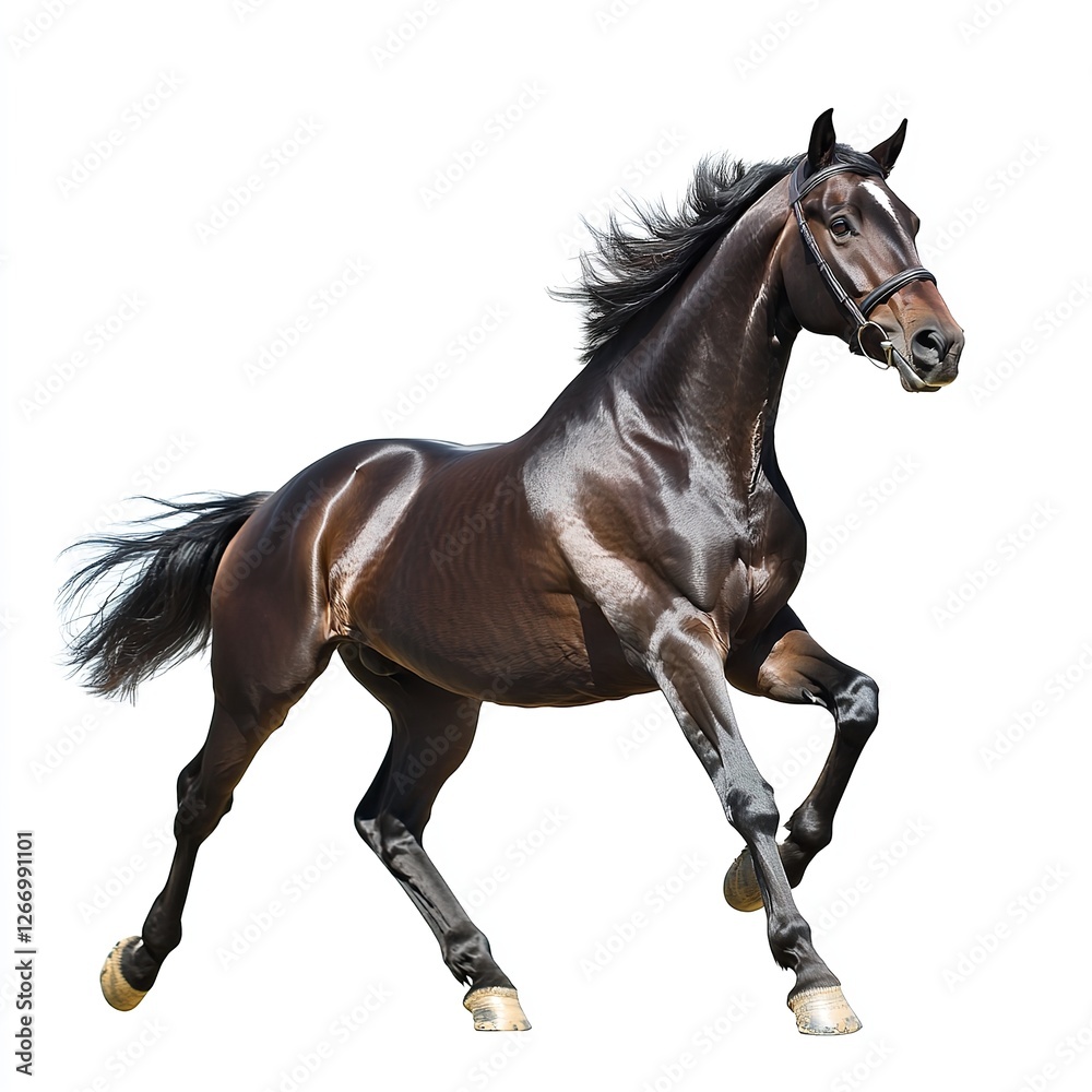 Obraz premium Powerful Dark Bay Horse Running Dynamic Stallion Strong Muscular Athletic Elegant Breed Equestrian Sport Animal Photography White Background Wild Free