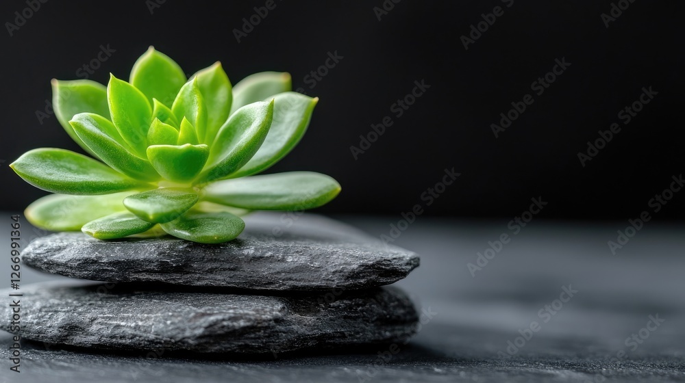 Fototapeta premium Succulent on stones, zen garden, dark background, relaxation