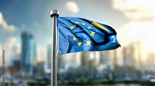 European flag waving over a modern city skyline under a clear sky