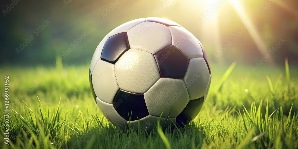 Fototapeta premium A Classic Soccer Ball Rests in Lush Green Grass Under the Warm Glow of the Setting Sun