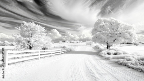 Winter Country Road with Trees and Clouds, monochrome view, peaceful landscape photo