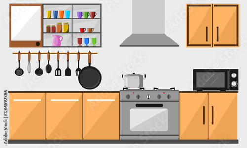 Kitchen interior vector illustration in flat style. Furniture and kitchen equipment