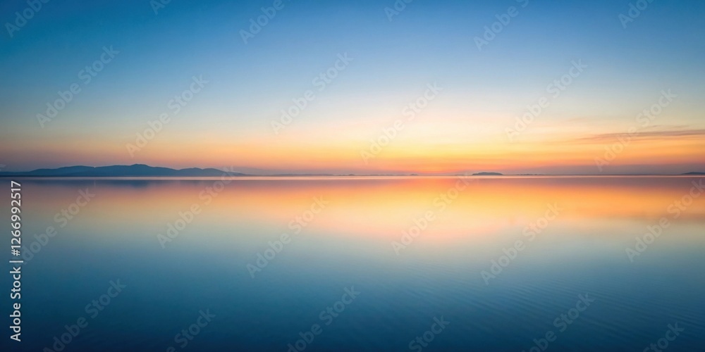 Serene Sunset Reflection on Calm Water with Distant Silhouette of a Mountain Range Serene Sunset Reflection on Calm Water with Distant Silhouette of a Mountain Range