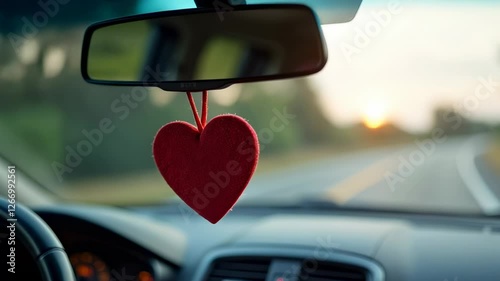 Animation of a Heart-Shaped Air Freshener on a Car Rearview Mirror