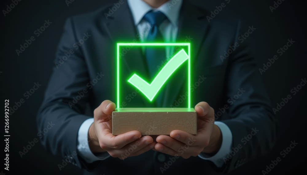 Caucasian male adult in suit holding glowing green check symbolizing success Caucasian male adult in suit holding glowing green check symbolizing success