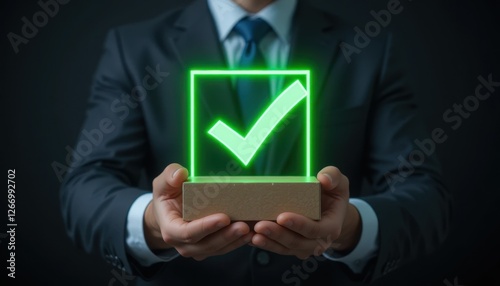 Caucasian male adult in suit holding glowing green check symbolizing success