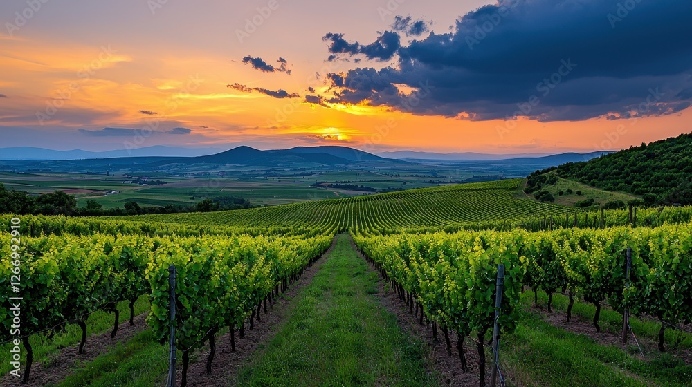 Fototapeta premium Lush Green Vineyard Landscape Under Dramatic Sunset with Rolling Hills and Colorful Sky