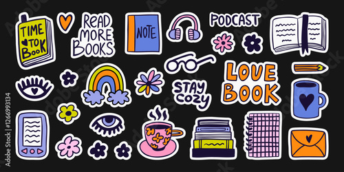Doodle set of books, glasses, books and coffee isolated on a white background. Hand drawn modern Vector illustration. Cozy vibe.
